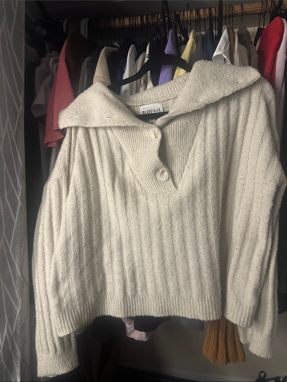 Olive & Oak Cozy Cream Ribbed Button-Collar Sweater